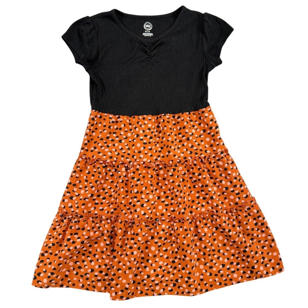 Wonder Nation Girls M 7-8 Black Orange Polka Dot Tiered Mixed Media Dress